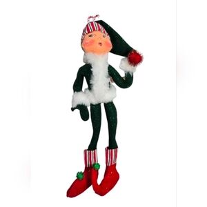 Annalee 2005 Green Candy Stripe Sparkle Elf 15" H Bendable Elf Plush